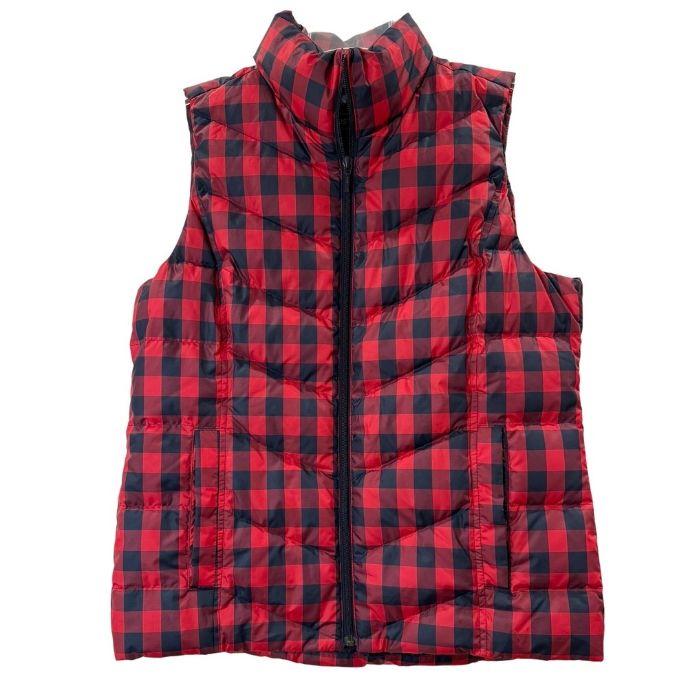 Lands End Small 6-8 Red Navy Blue Buffalo Plaid Down Puffer Zip Vest Cabincore